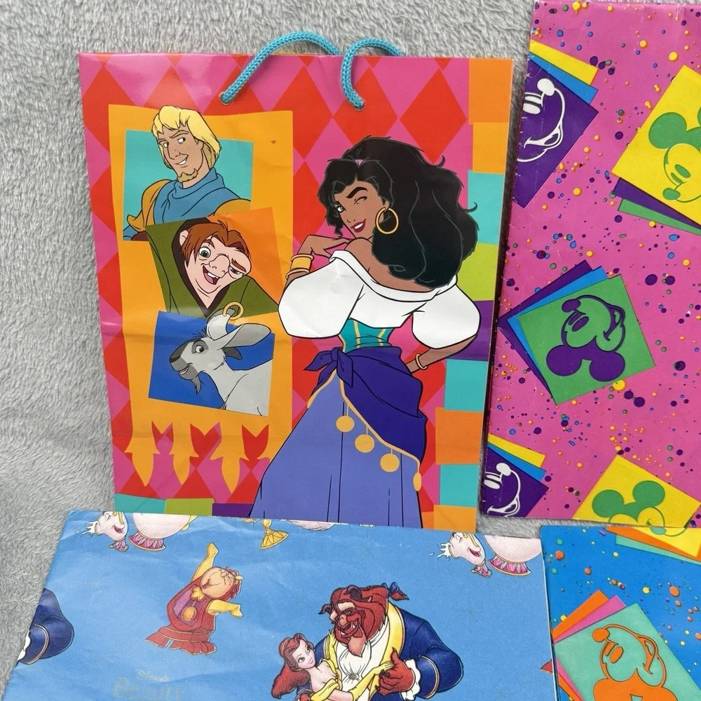 Vintage Disney Wrapping Paper Bag Lot‎ Of 4 Mickey Beauty Beast Hunchback 1990s